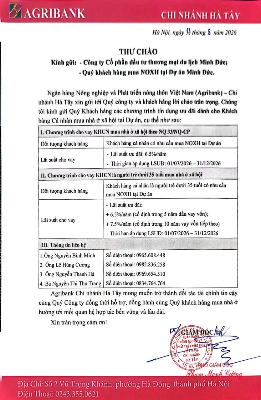 Thư chào lãi suất vay mua NOXH của Agribank Chi nhánh Hà Tây