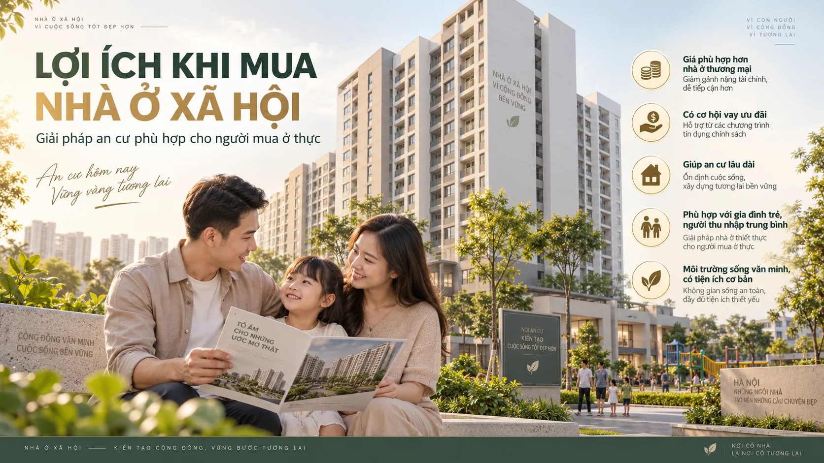 Lợi ích khi mua nhà ở xã hội: giá phù hợp hơn, cơ hội vay ưu đãi, an cư lâu dài, phù hợp gia đình trẻ và người thu nhập trung bình