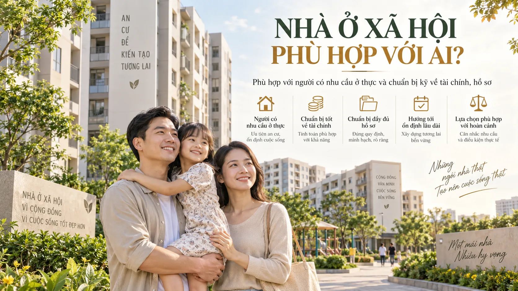 Nhà ở xã hội phù hợp với ai: người có nhu cầu ở thực, chuẩn bị tốt tài chính, hồ sơ, hướng tới ổn định lâu dài