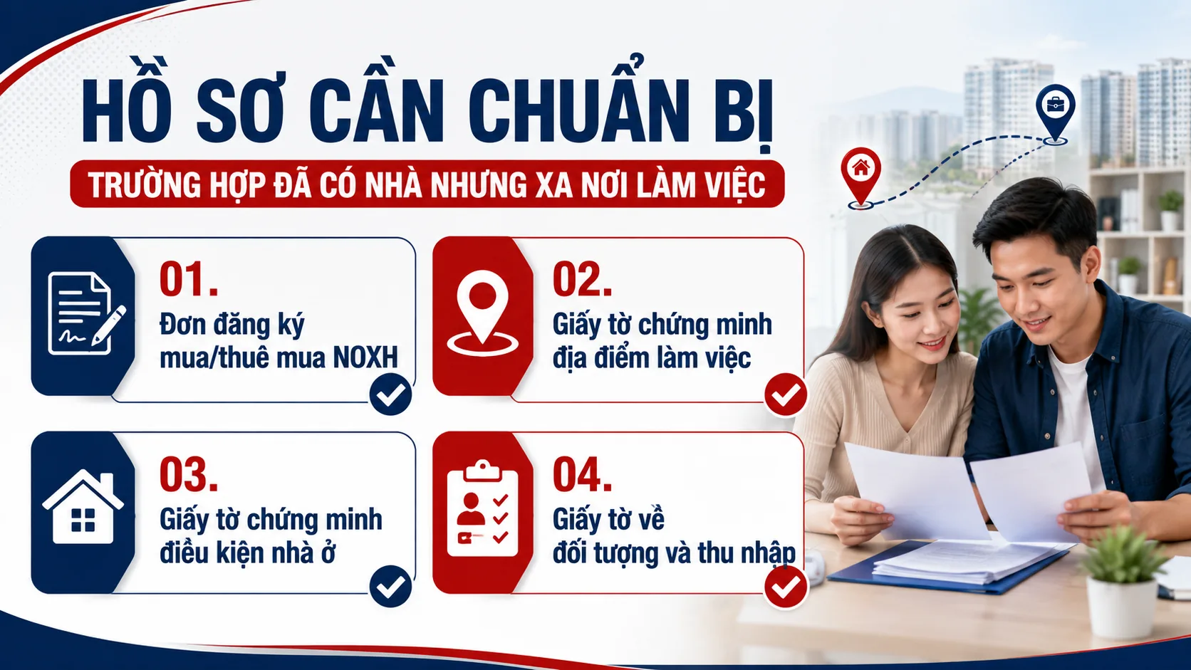 Hồ sơ cần chuẩn bị cho trường hợp đã có nhà nhưng xa nơi làm việc: đơn đăng ký, giấy tờ nơi làm việc, giấy tờ điều kiện nhà ở, giấy tờ đối tượng và thu nhập
