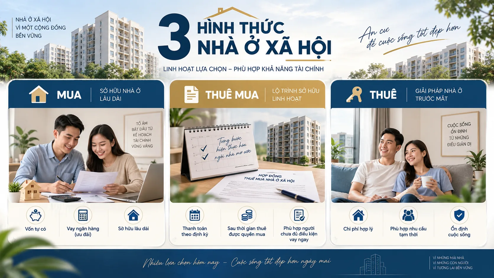 3 hình thức nhà ở xã hội: Mua sở hữu lâu dài, Thuê mua lộ trình sở hữu linh hoạt, Thuê giải pháp trước mắt