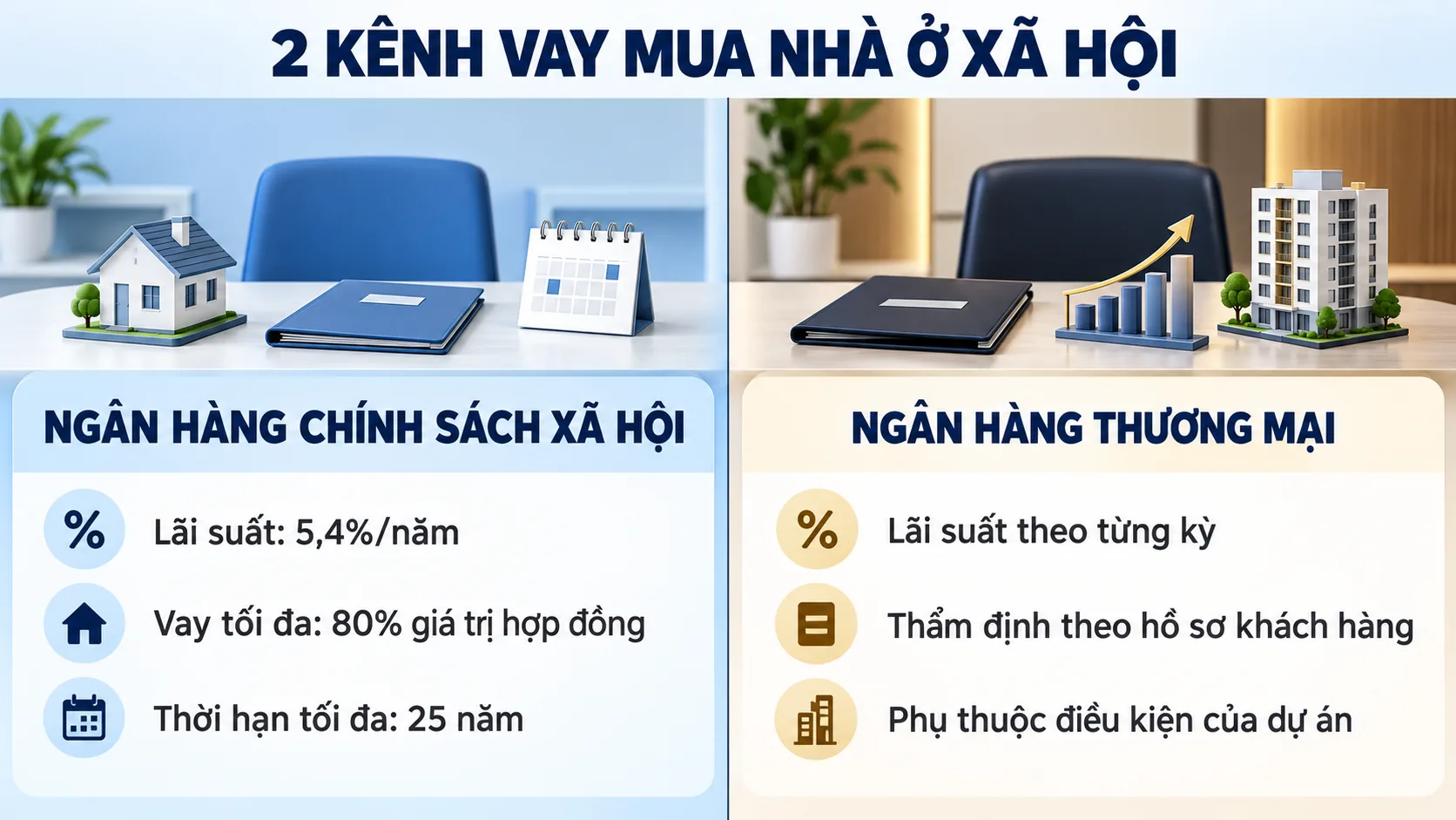 2 kênh vay mua nhà ở xã hội: Ngân hàng Chính sách xã hội lãi suất 5,4%/năm, vay tối đa 80% giá trị hợp đồng, thời hạn 25 năm; ngân hàng thương mại lãi suất theo từng kỳ
