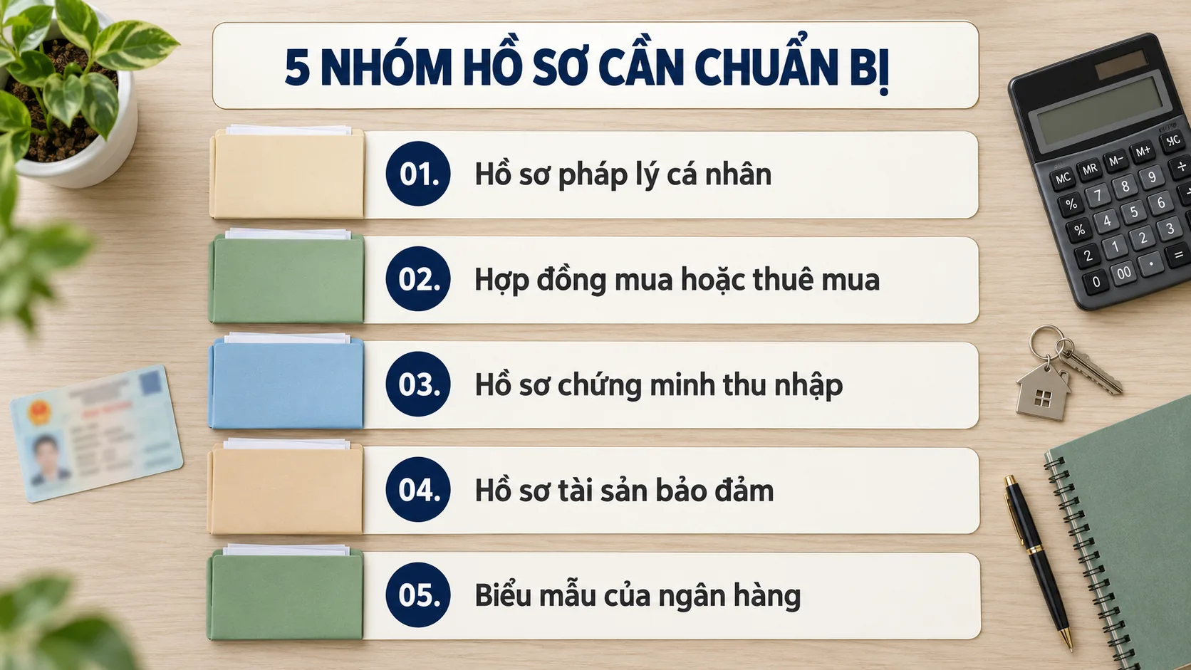 5 nhóm hồ sơ cần chuẩn bị khi vay mua nhà ở xã hội: hồ sơ pháp lý cá nhân, hợp đồng mua/thuê mua, hồ sơ chứng minh thu nhập, hồ sơ tài sản bảo đảm, biểu mẫu của ngân hàng
