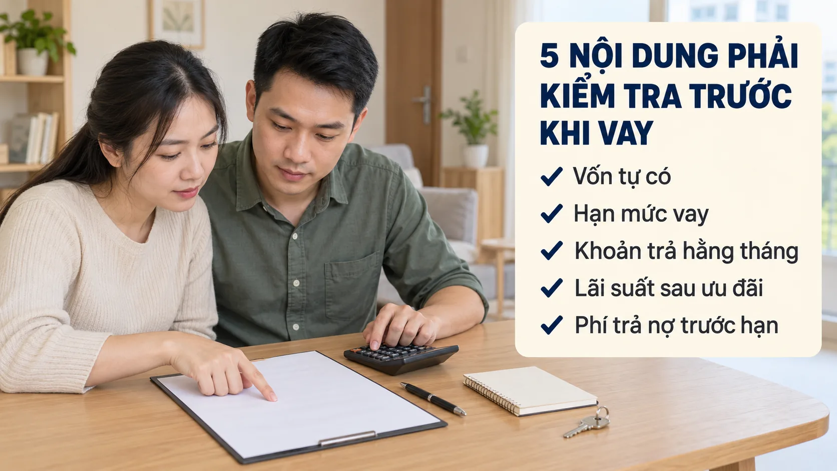 5 nội dung phải kiểm tra trước khi vay: vốn tự có, hạn mức vay, khoản trả hằng tháng, lãi suất sau ưu đãi, phí trả nợ trước hạn